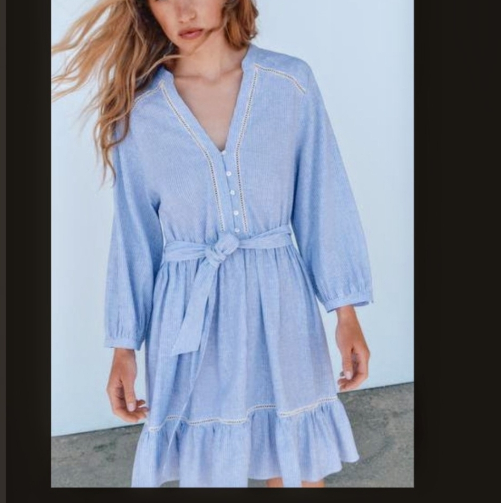 Striped Lace Inserts Mini Dress - Blue & White